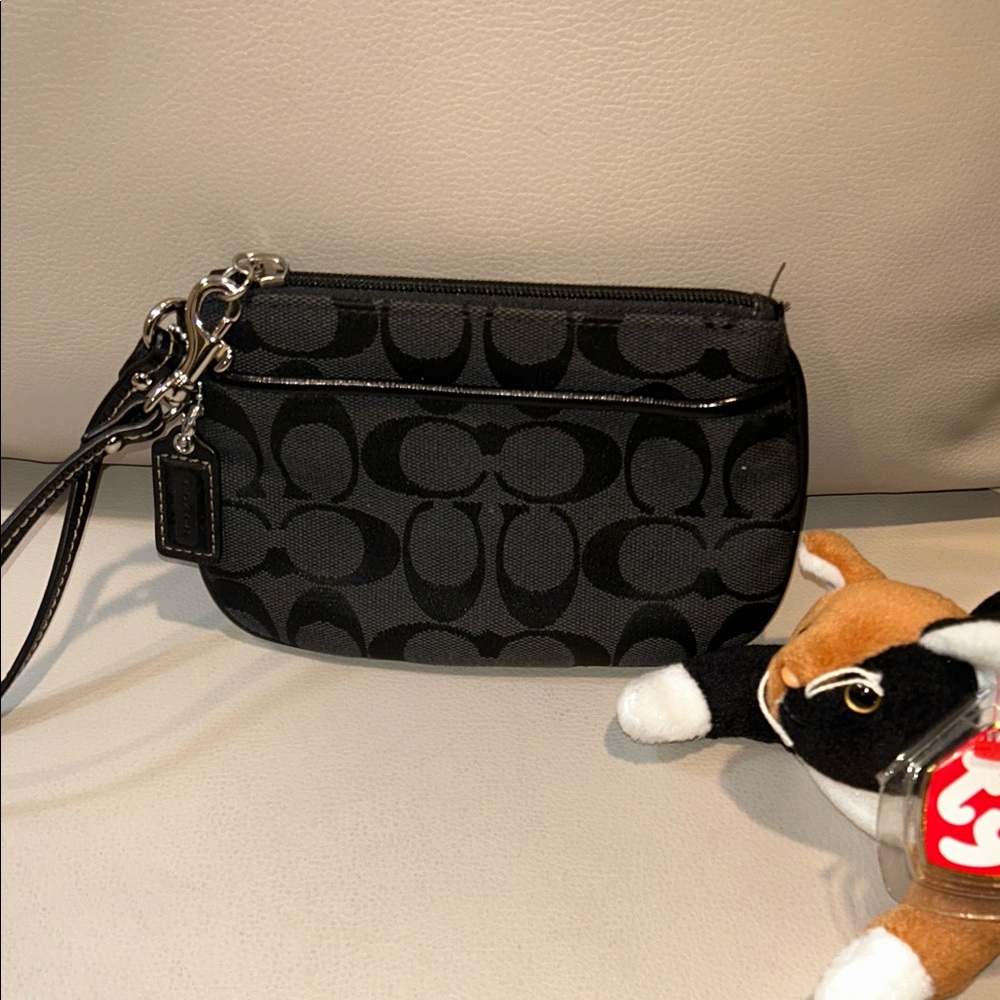 Coach Black Signature Canvas Wristlet with Silver Hardware